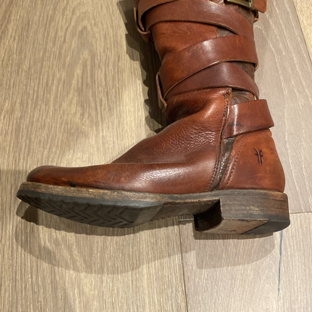 Frye Tooled Pull-on Boots Knee High Brown Leather W/ buckle Sz 7.5 EUC - Picture 5 of 9